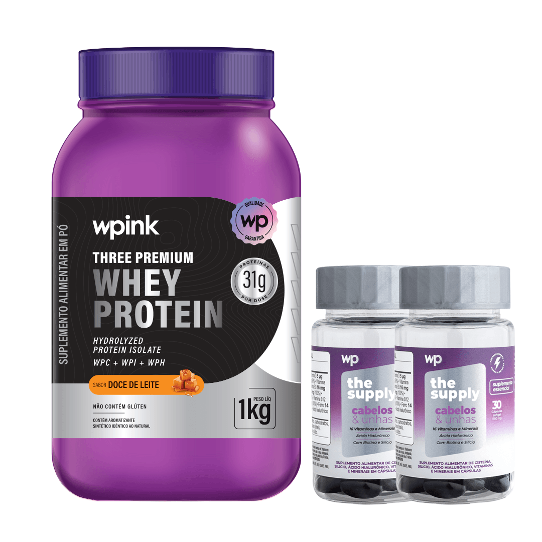 three premium whey protein doce de leite – 1 kg + 2 cabelos e unhas -wp
